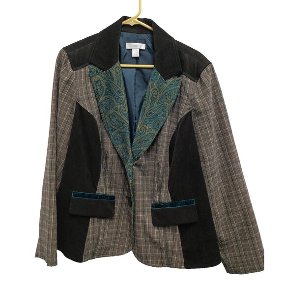 VTG 90s CJ Banks Womens Blazer Jacket 1X Brown Velvet Plaid Academia Carrier - Picture 1 of 9